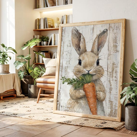 Bunny Holding Carrot Canvas Cute Rustic Farmhouse Rabbit Wall Art Animal Nursery Decor Spring Painting Easter Print