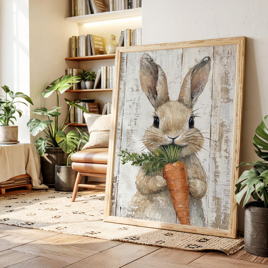 Cute Bunny Holding Carrot Impasto Rustic Farmhouse Animal Art Poster