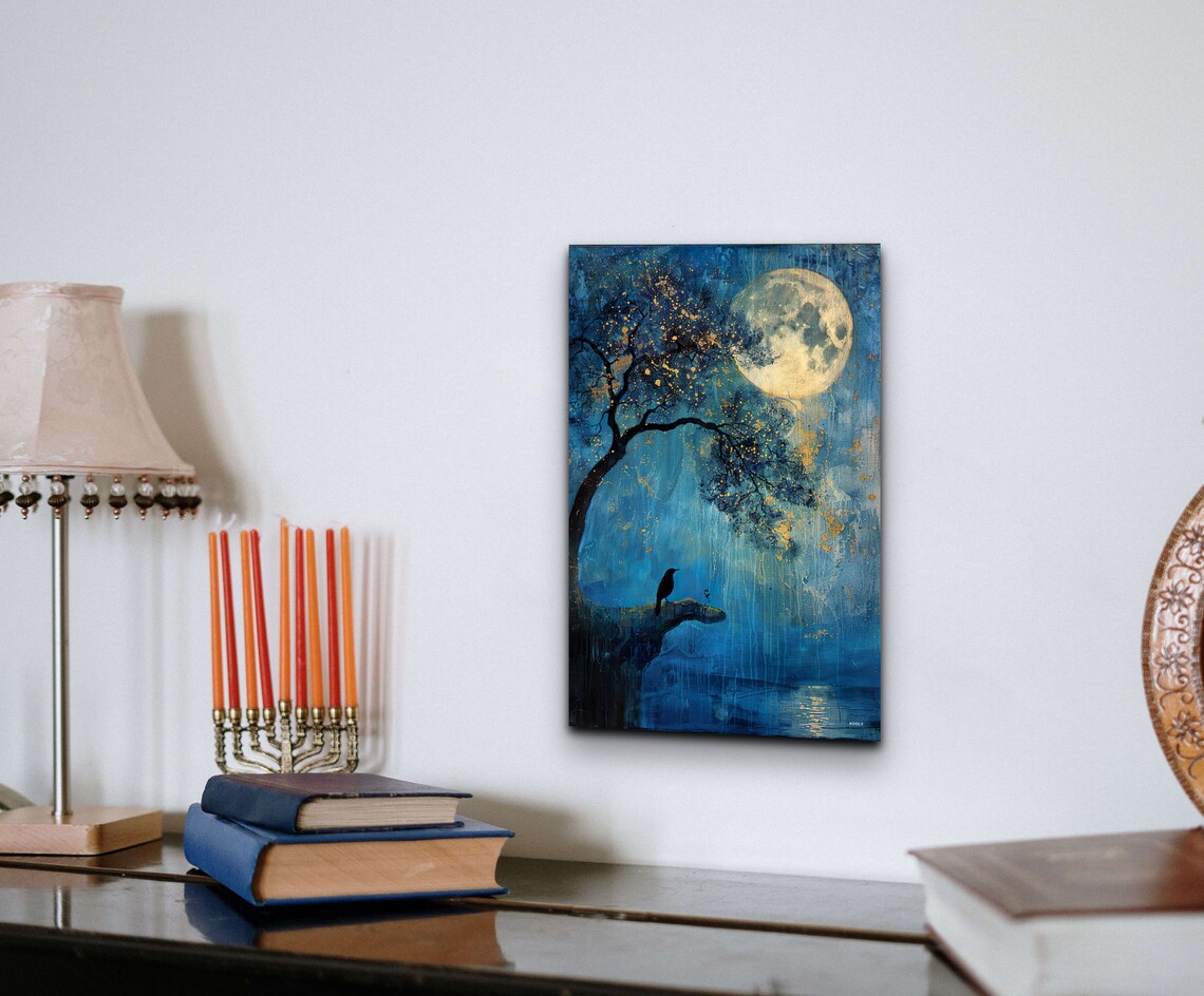 Moon At Night With Crow, Lone Tree Art Print - Image 3