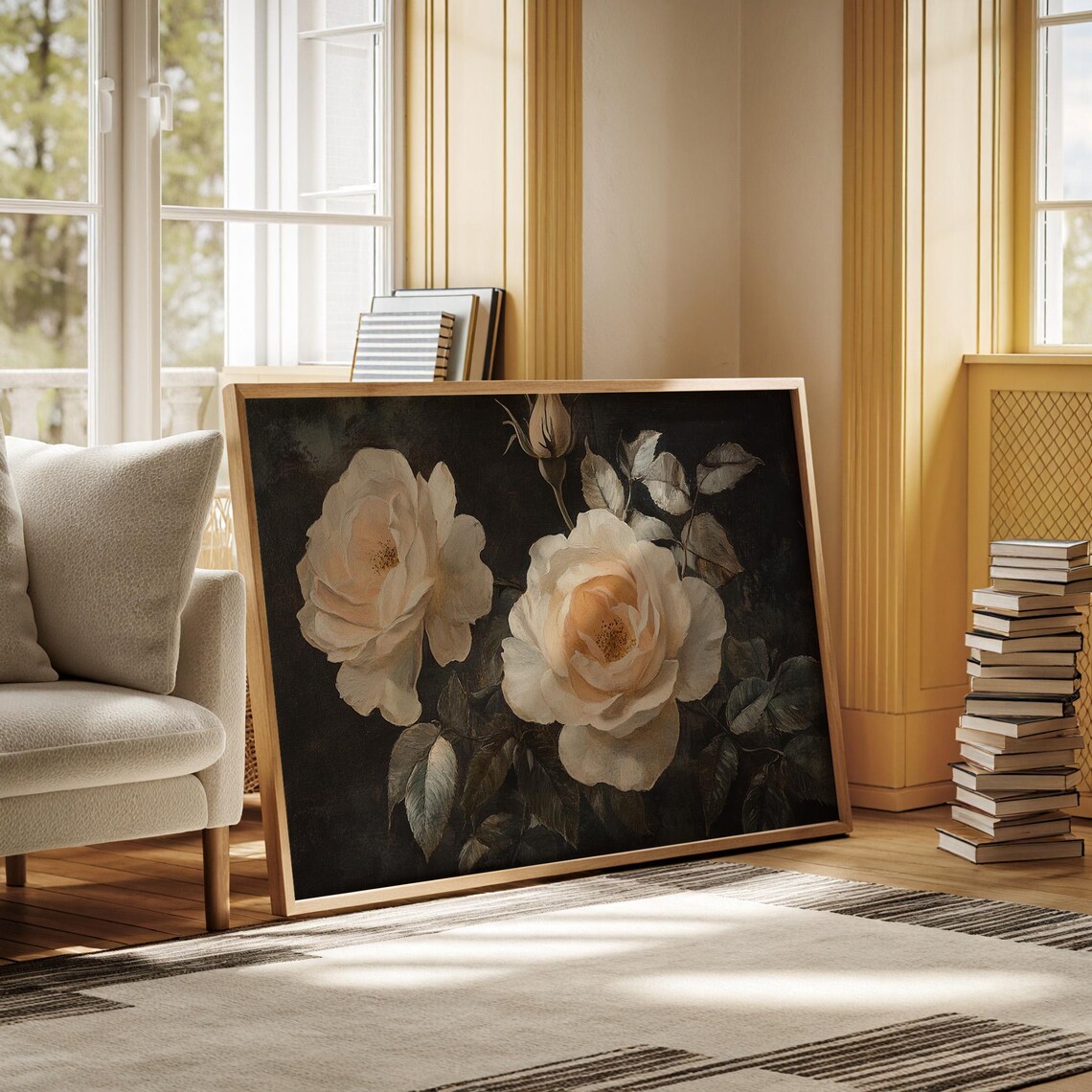 Cream Roses On Dark Background Romantic Vintage Oil Floral Poster - Image 4