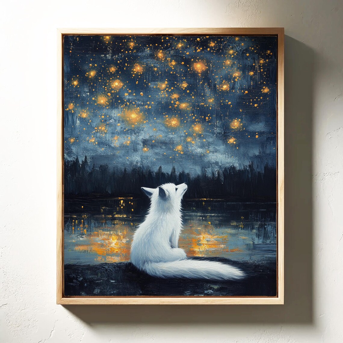 Mystical White Fox Under Golden Stars Art Print - Image 3