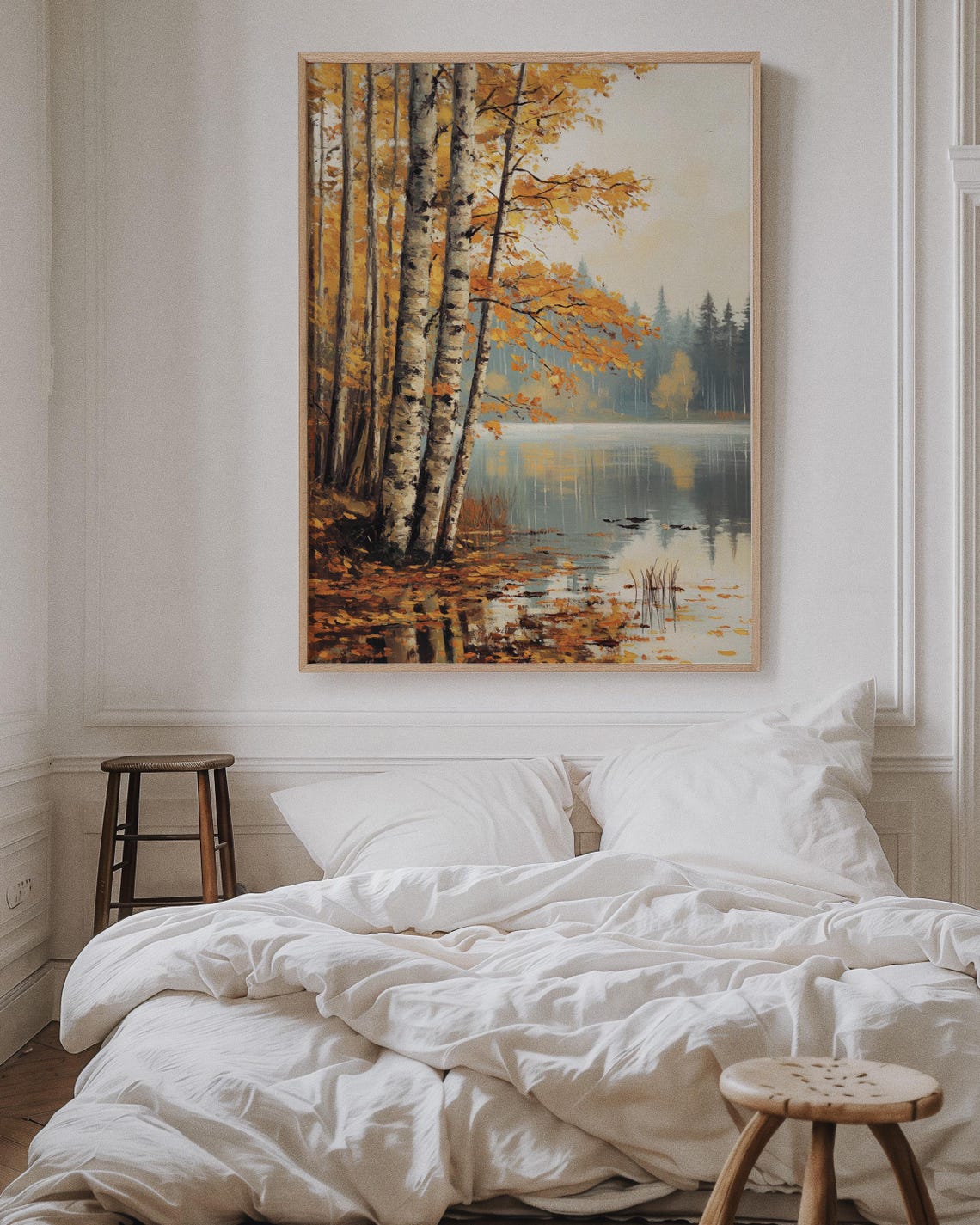Autumn Birch Trees By A Lake With Reflection Painting Poster - Image 4