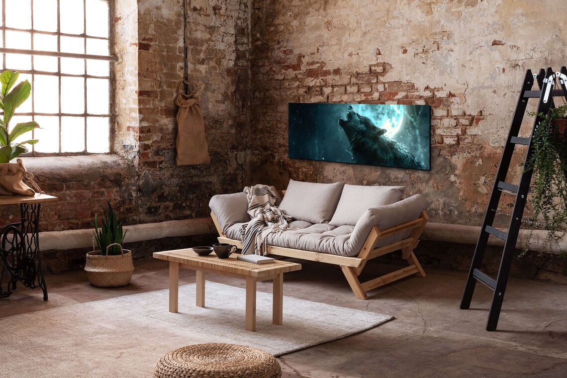 Wolf Howling at Full Moon in Teal Night Wilderness Panorama Wall Art - Image 4