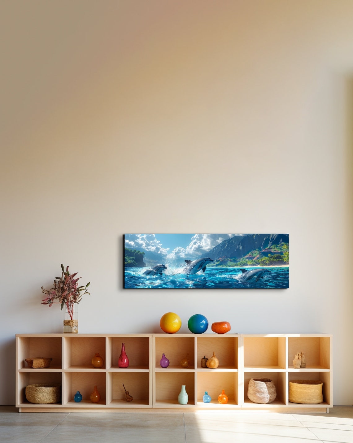 Dolphins Leaping in Turquoise Water Beside a Mountain Coast Poster - Image 6