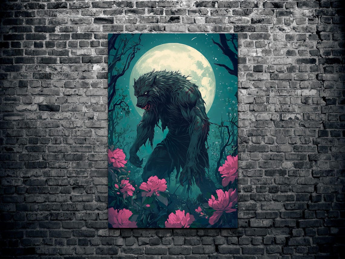 Hunched Werewolf Pink Bloom Forest Full Moon Comic Horror Poster - Image 2