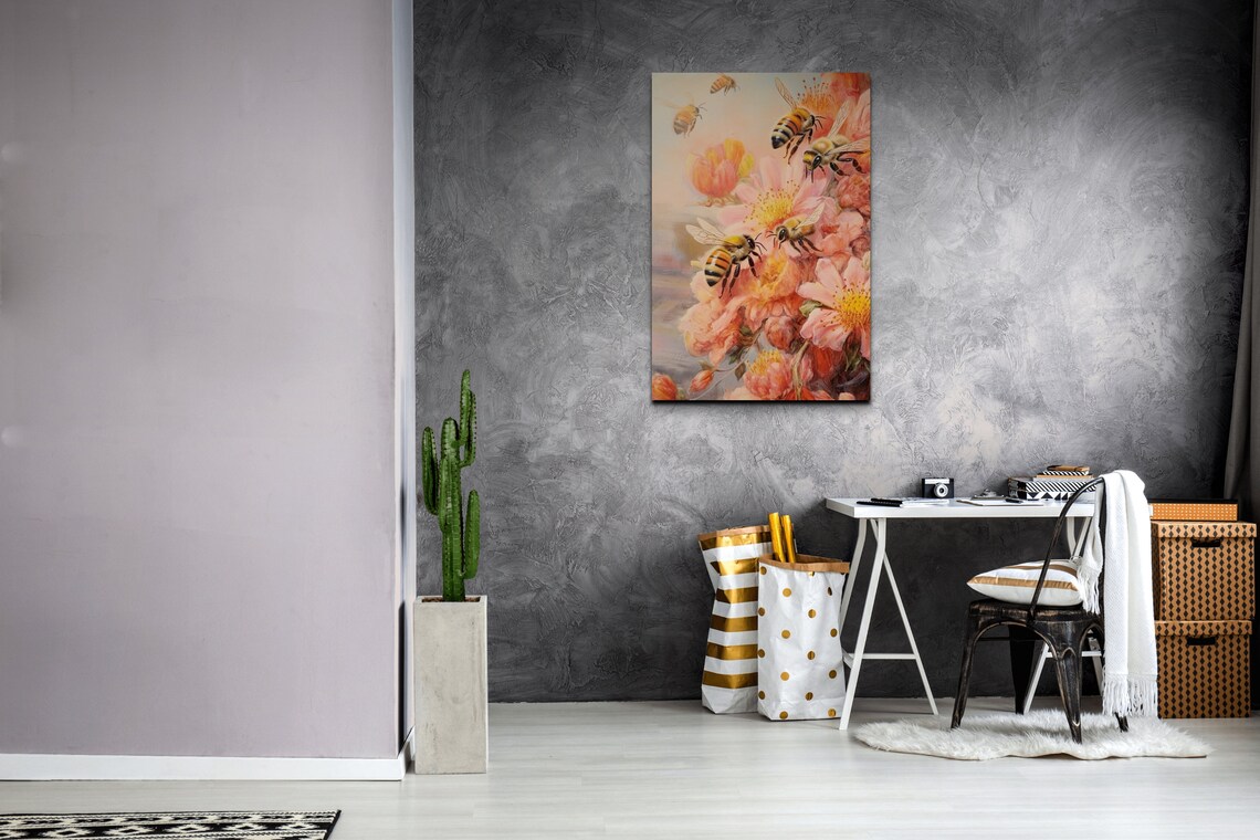 Honeybee Garden Pink Peony Blossoms Botanical Bee Art Poster - Image 7