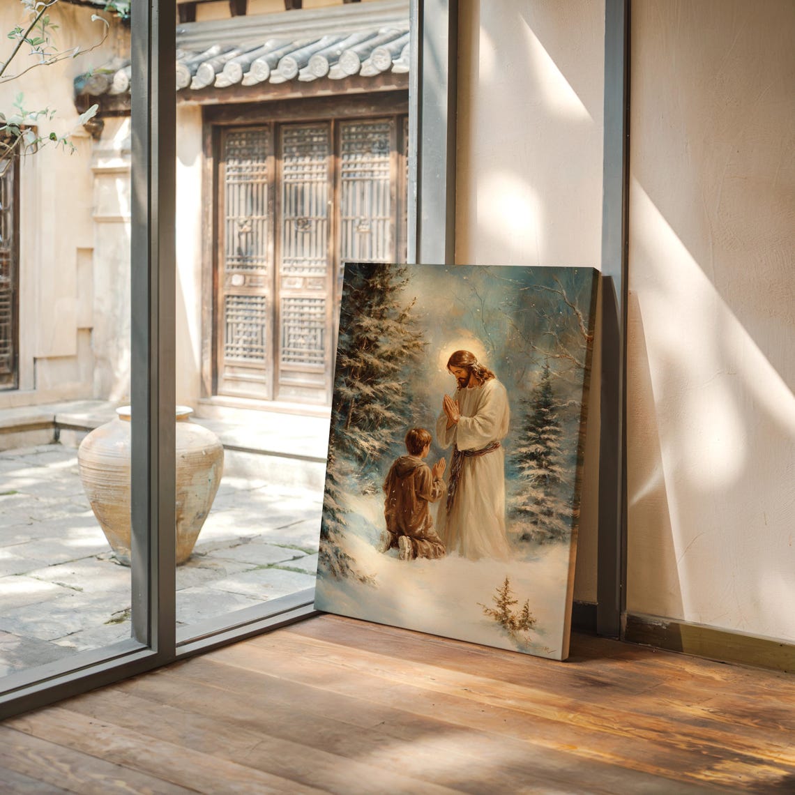 Jesus Praying With a Kneeling Boy in a Snowy Winter Forest Poster - Image 4