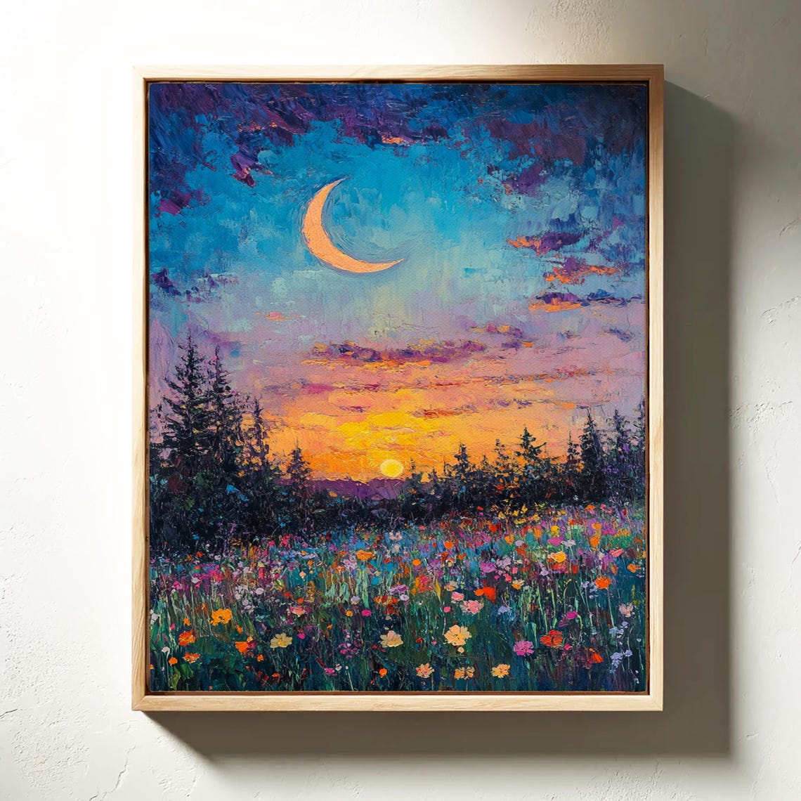 Crescent Moon Over Vibrant Wildflower Meadow Sunset Art Poster - Image 6