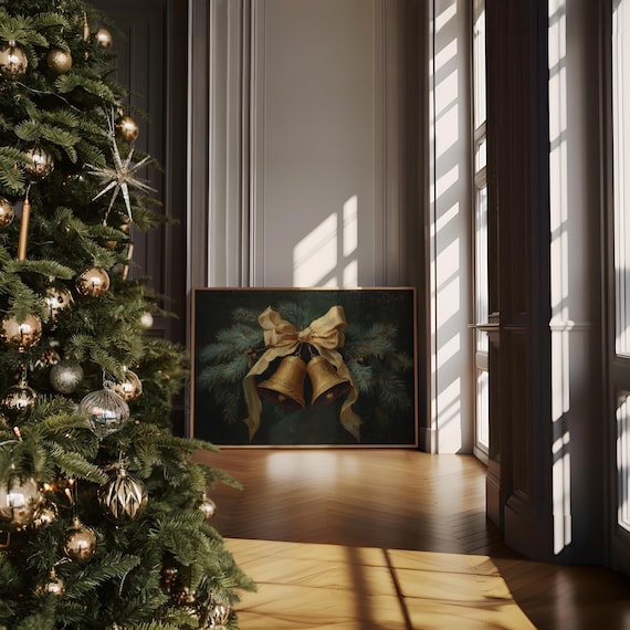 Golden Christmas Bells With Ribbon Pine Branches Holiday Art Poster