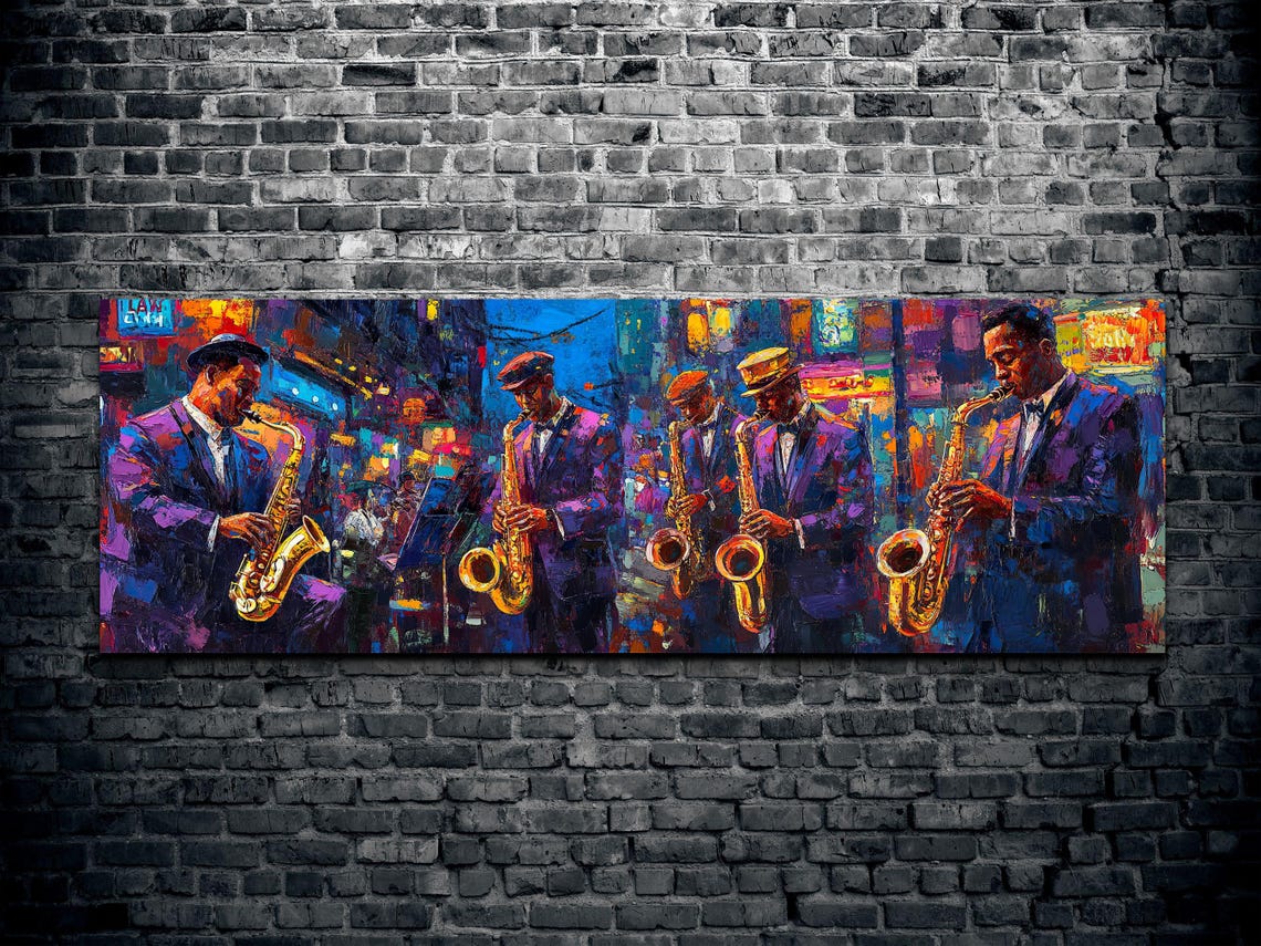 Moody Jazz Saxophone Band Night Club Panoramic Music Art Poster - Image 2