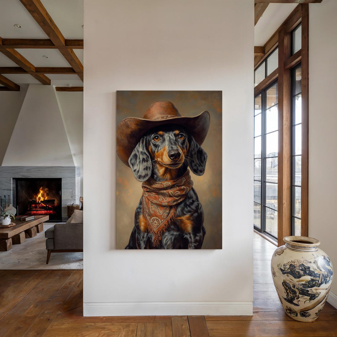 Dapple Dachshund Cowboy Hat Rustic Western Dog Portrait Poster - Image 5