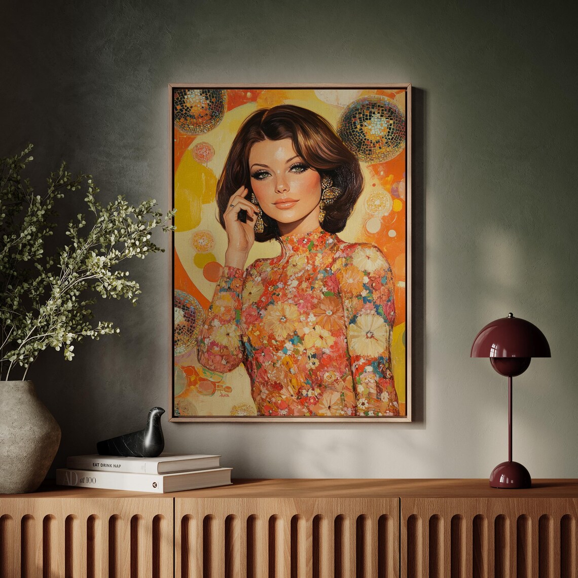 Retro Disco Portrait Of Glamorous Woman Floral Dress 70s Art Poster - Image 7