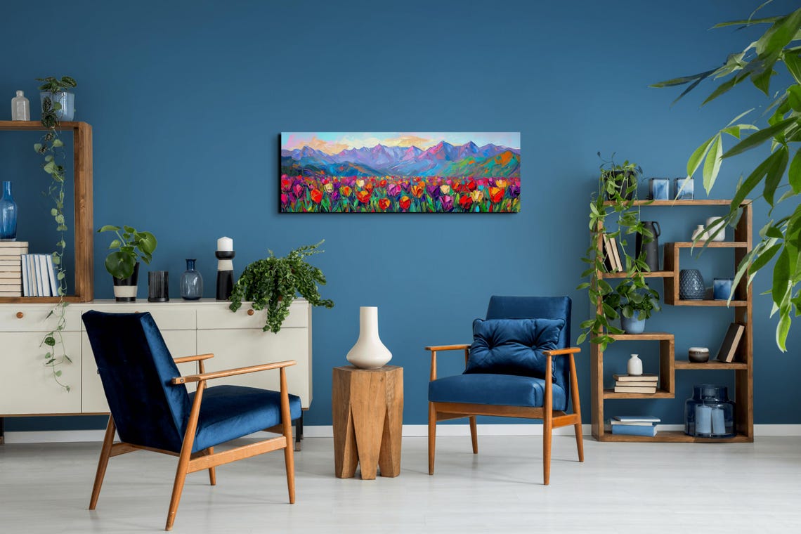 Colorful Tulip Field Mountain Sunset Panoramic Impasto Art Poster - Image 6