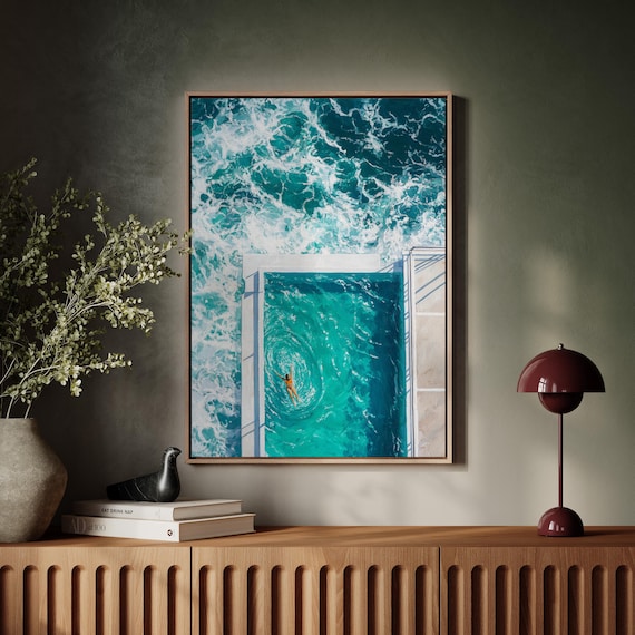 Aerial Ocean Pool Swimmer Turquoise Sea Waves Coastal Art Poster