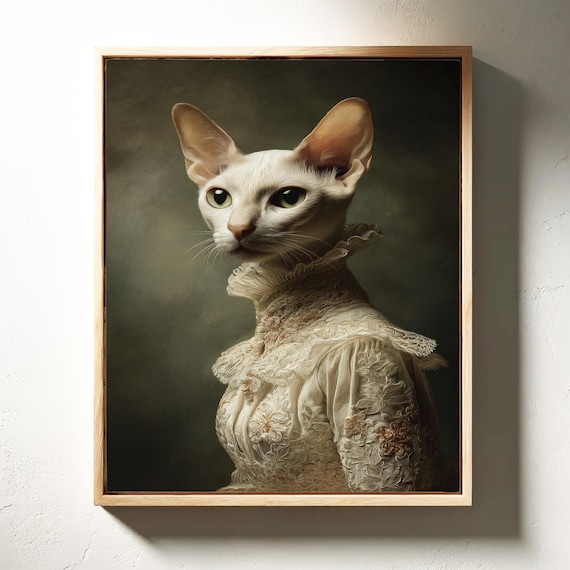Victorian White Cat Portrait in Embroidered Lace Dress Wall Art