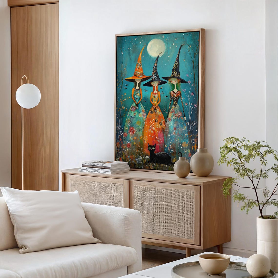Whimsical Witch Trio Under Full Moon Floral Dresses Halloween Poster - Image 6