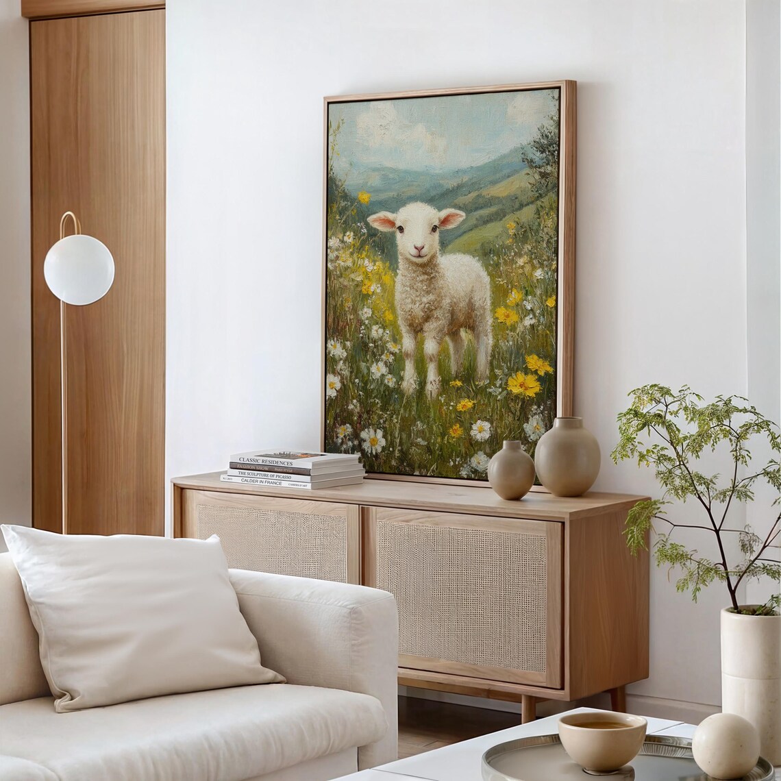 Pastoral Lamb In Wildflower Field Spring Hills Rustic Painting Poster - Image 6