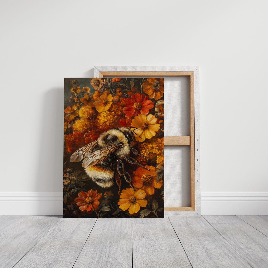 Detailed Bumblebee Resting on Autumn Orange and Red Flowers Poster - Image 3