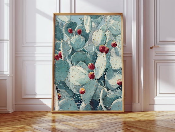 Prickly Pear Cactus Watercolor Canvas Wall Art Desert Succulent Print With Red Fruit Botanical Southwestern Poster For Rustic Home Decor