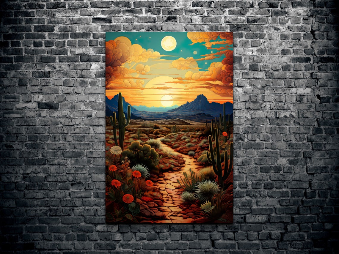 Desert Path With Cacti And Wildflowers At Sunset Trail Poster - Image 2