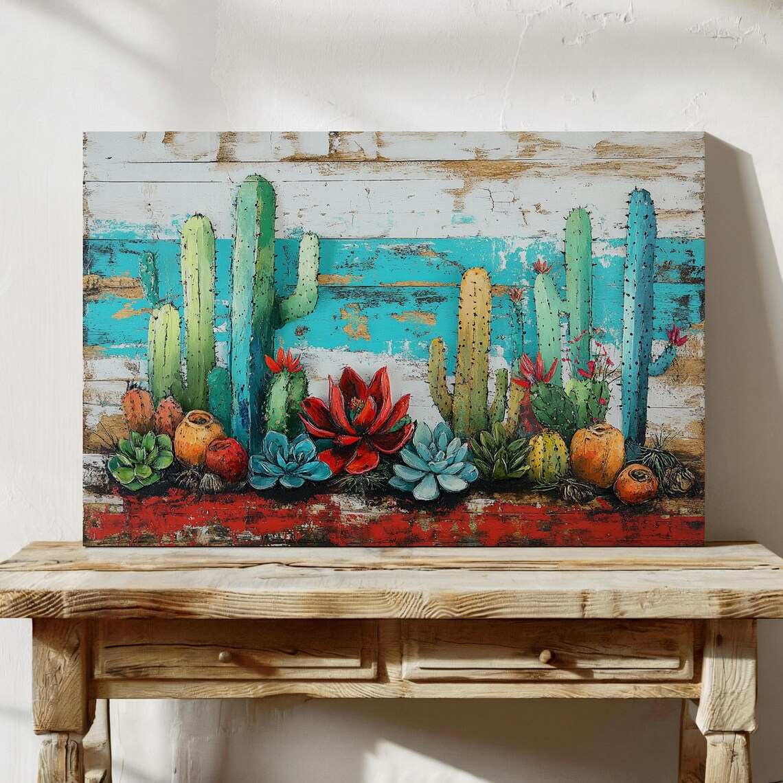 Colorful Saguaro Cacti Succulents Distressed Wood Southwest Poster