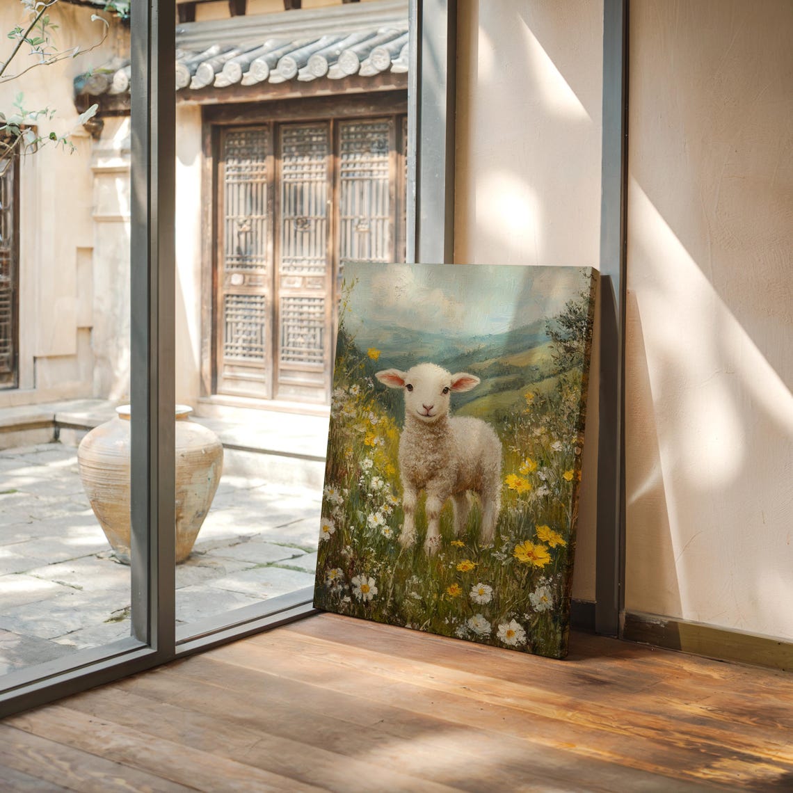 Pastoral Lamb In Wildflower Field Spring Hills Rustic Painting Poster - Image 4