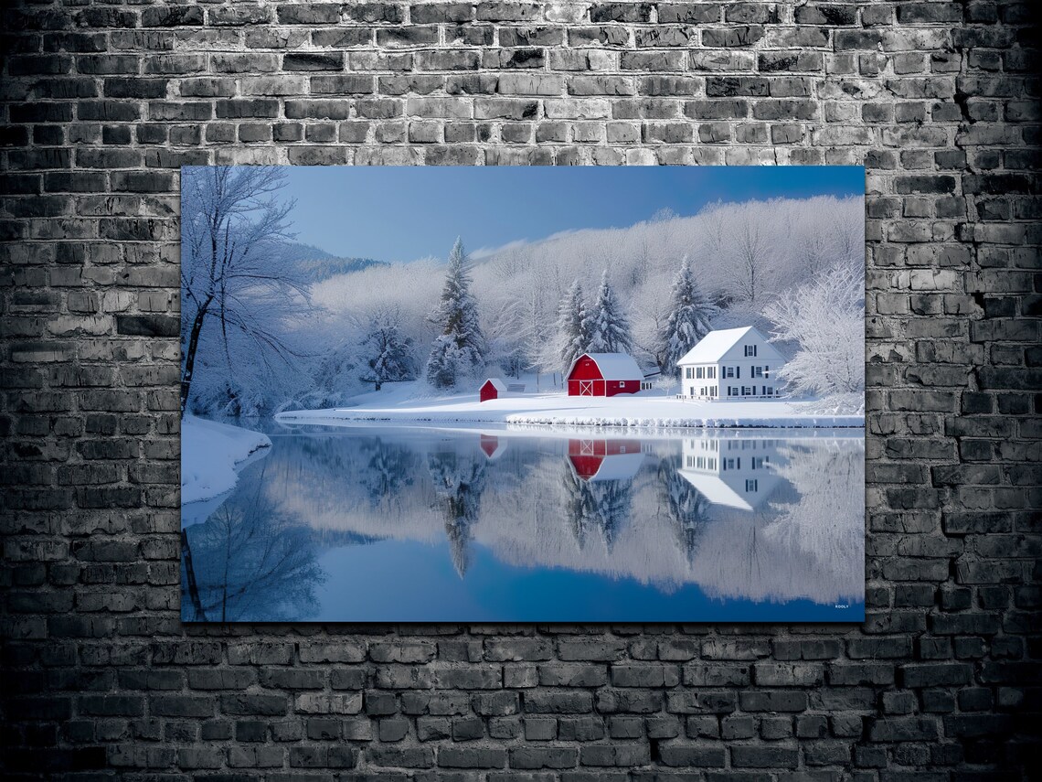 Snowy Red Barn and Farmhouse Mirror Lake Winter Scene Poster - Image 2