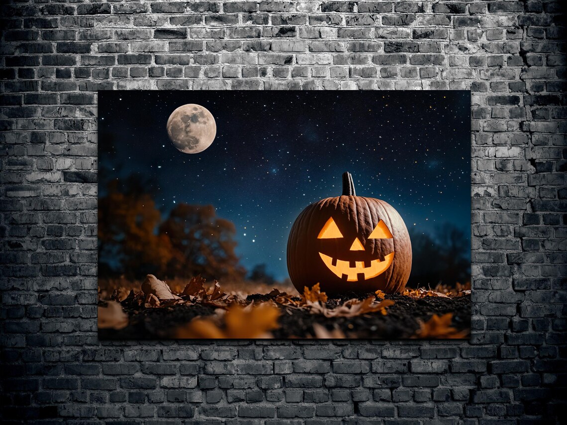 Jack O Lantern Glowing in Autumn Leaves Under a Starry Full Moon Sky Poster - Image 2