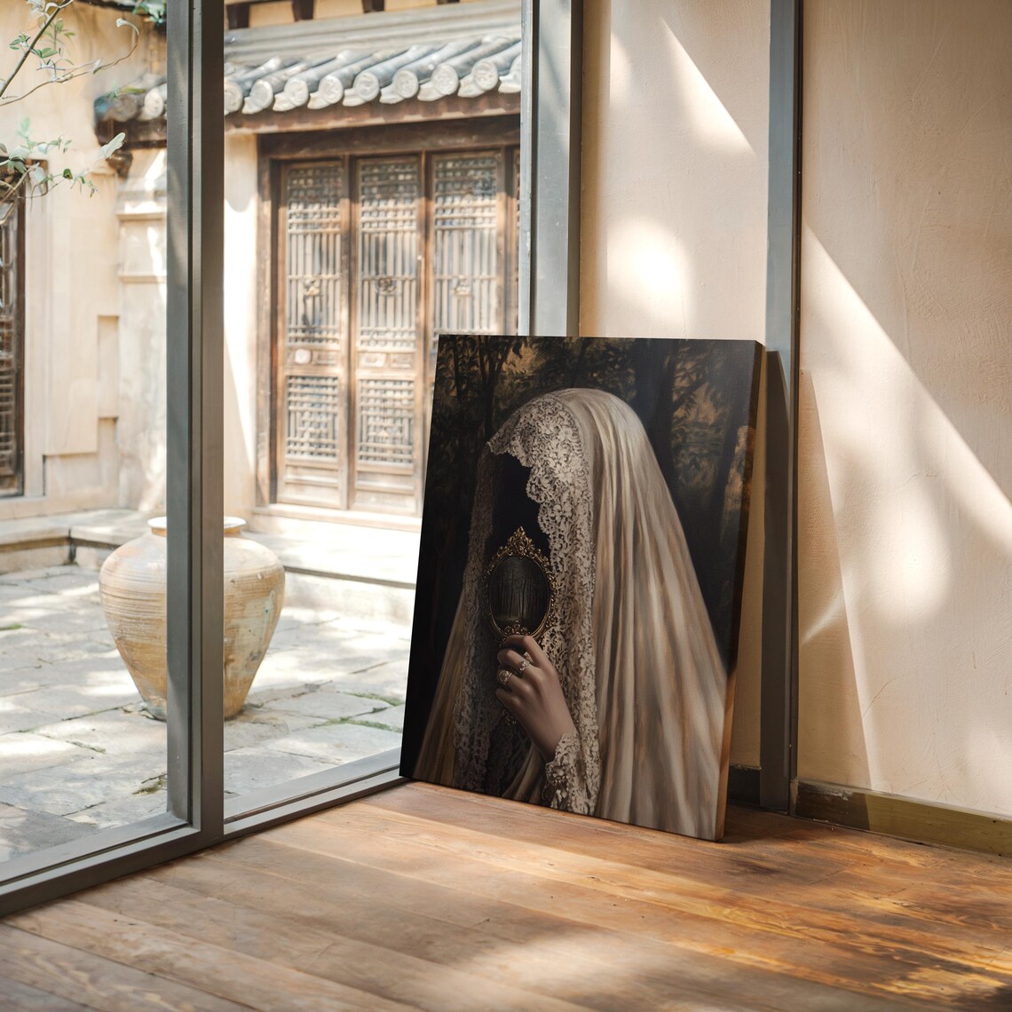 Veiled Gothic Woman Holding Ornate Mirror In Dark Forest Elegant Art Poster - Image 4