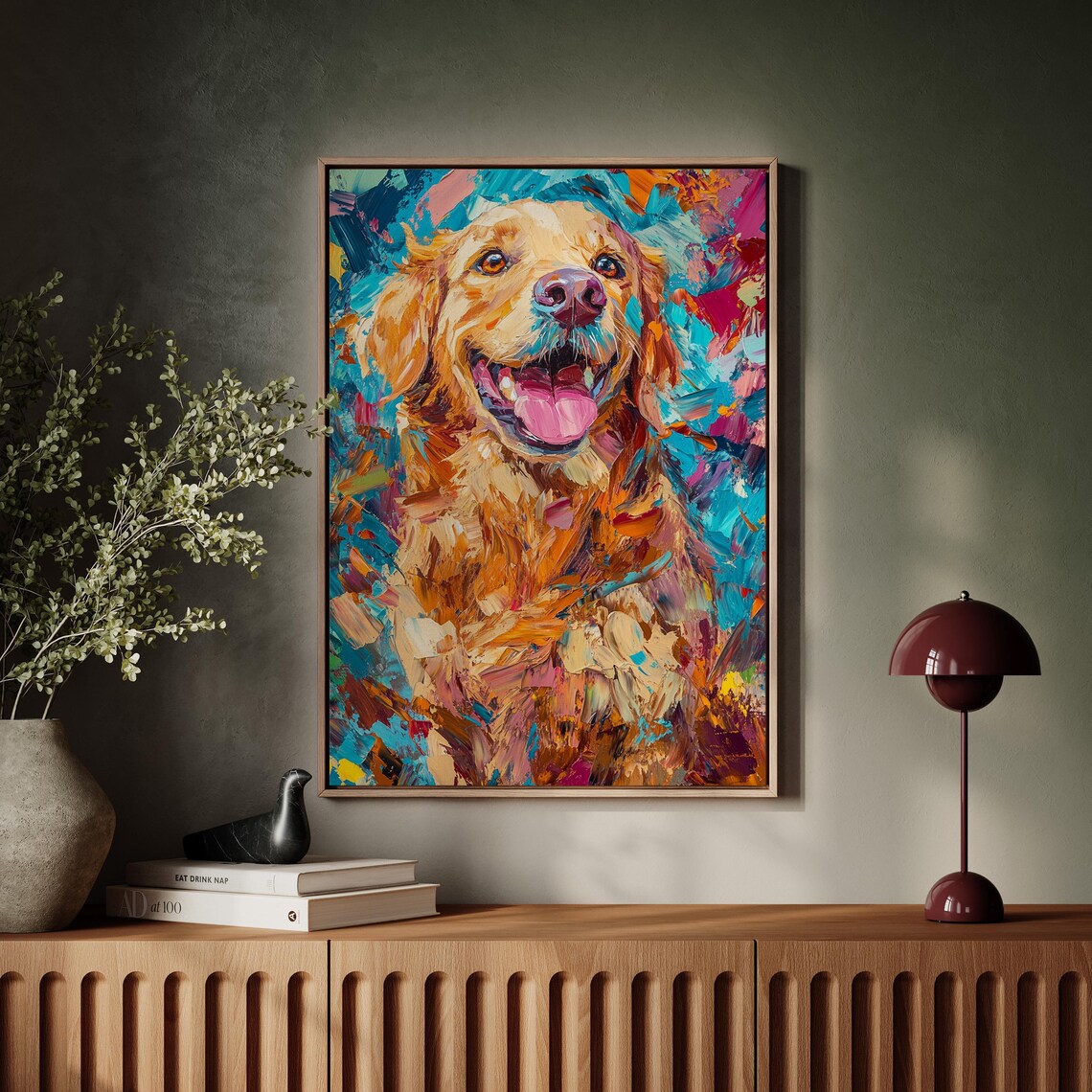 Colorful Golden Retriever Happy Dog Portrait Impasto Painting Wall Art - Image 7