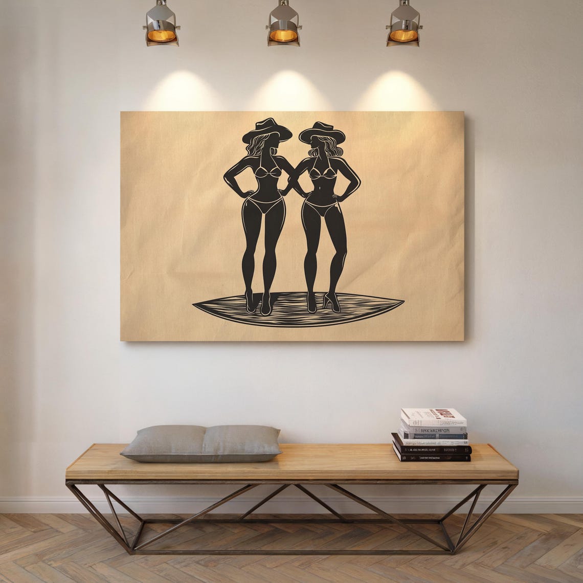 Cowgirl Silhouette Art Western Bikini Wall Decor Vintage Style Black And Beige Poster - Image 5