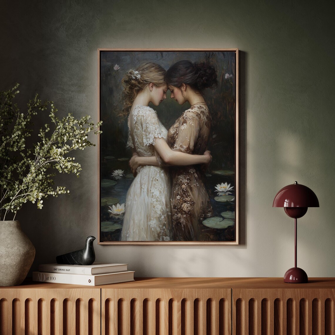 Romantic Embrace Two Women in Lace Dresses Water Lily Pond Art Poster - Image 4