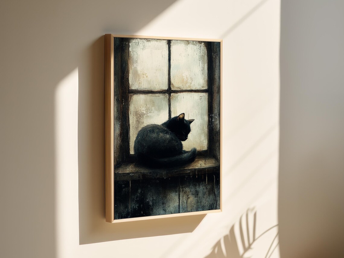 Black Cat By The Window, Moody Vintage Decor - Image 7