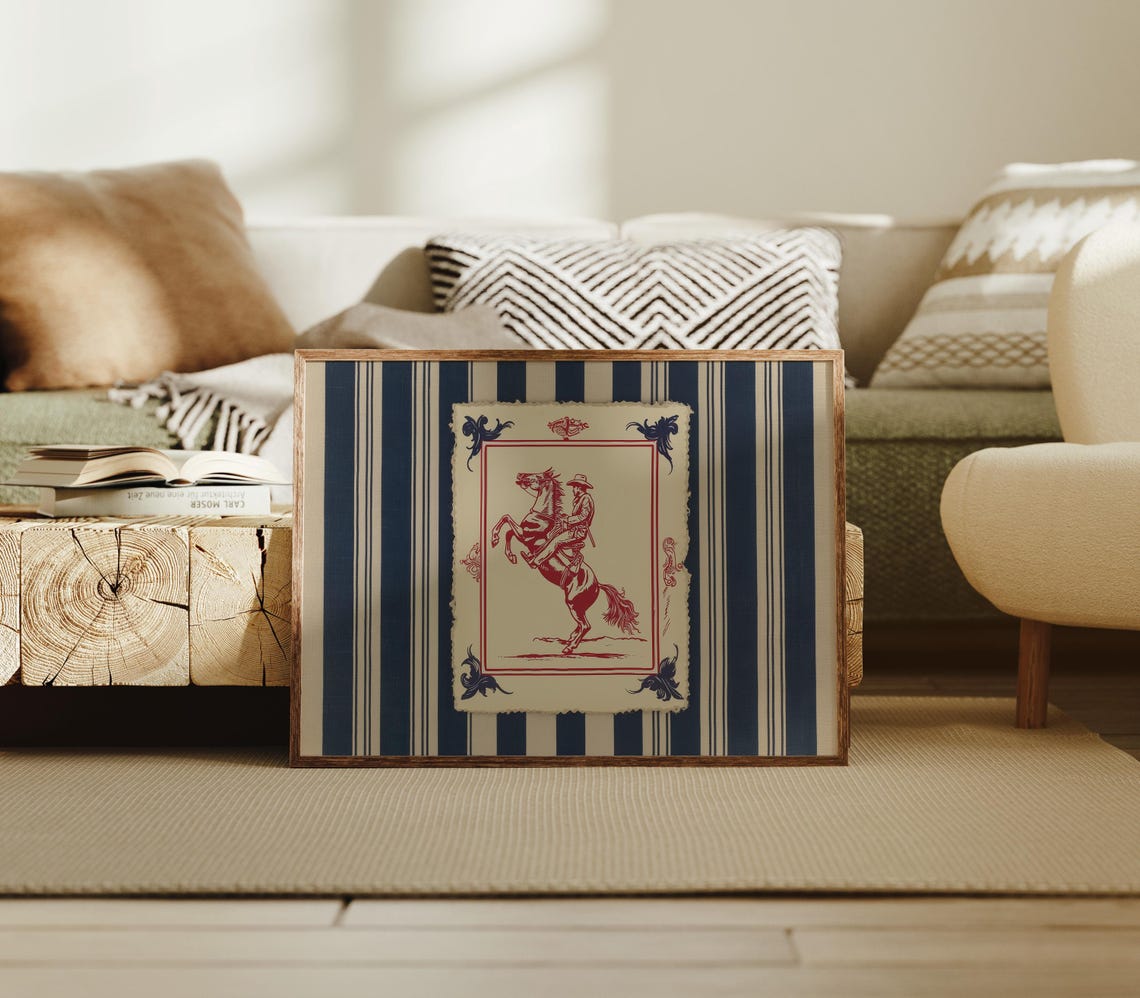 Vintage Cowboy On Rearing Horse Navy Striped Border Illustration Print