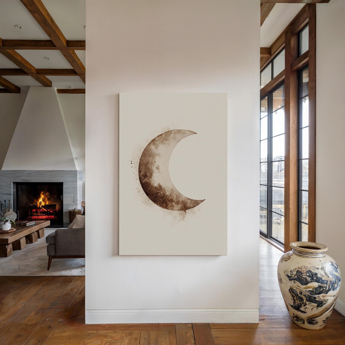Minimalist Brown Crescent Moon Watercolor Celestial Wall Art - Image 4