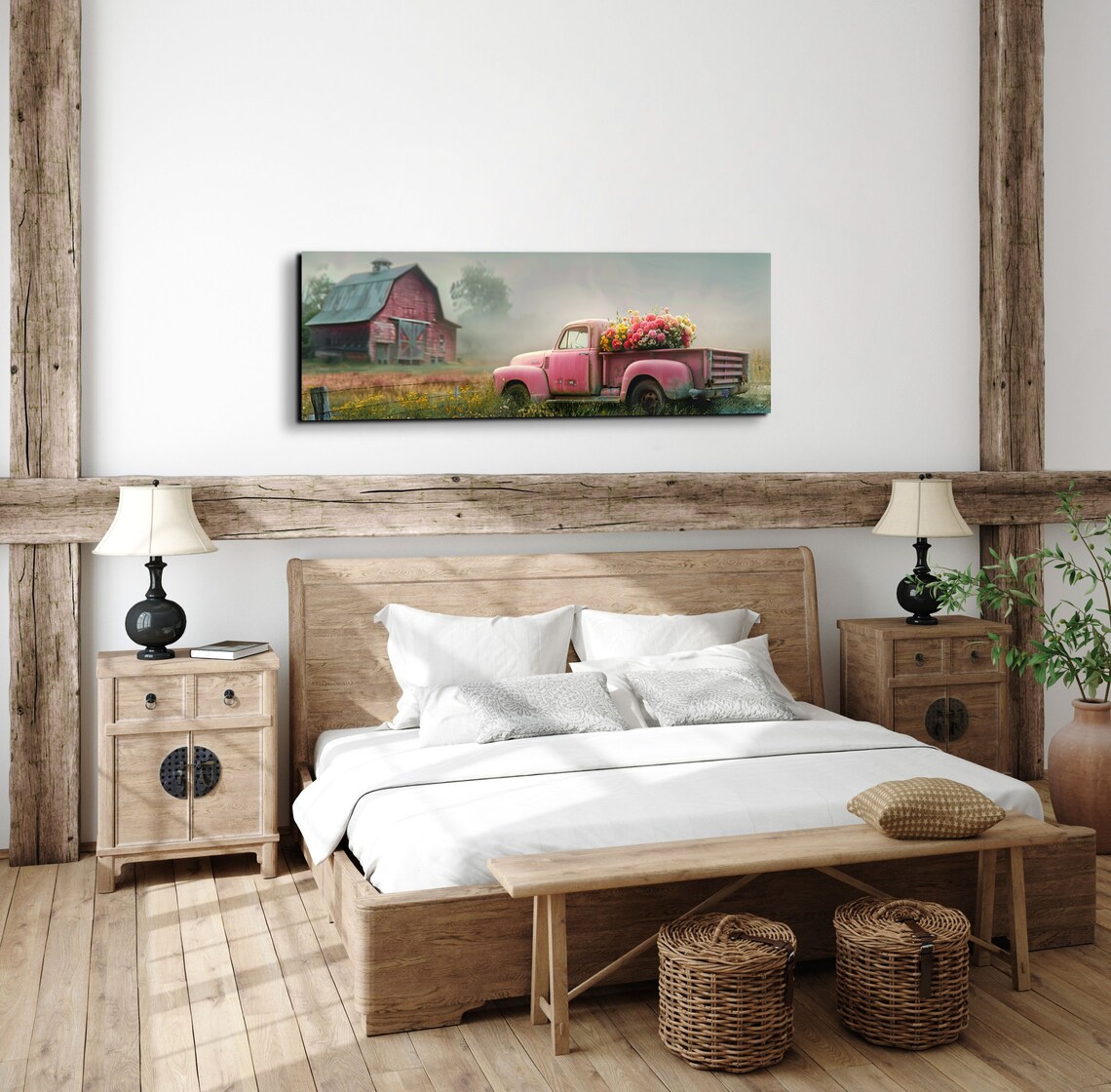Vintage Pink Pickup Truck with Flowers by Red Barn Farm Poster - Image 5