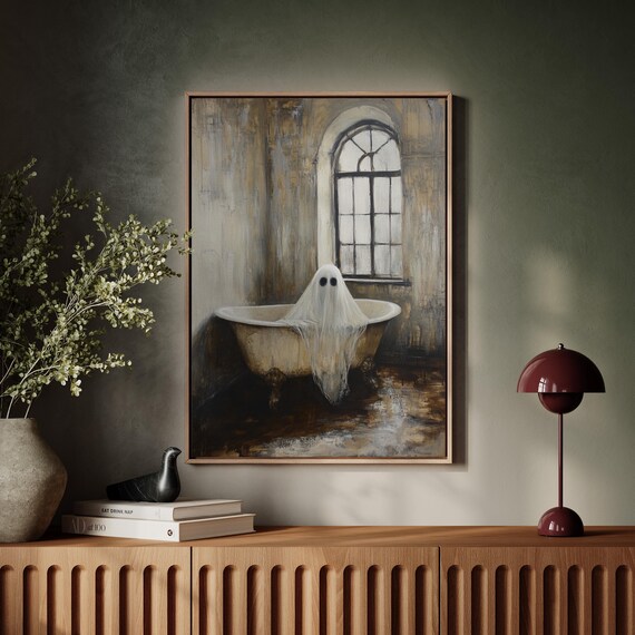 Vintage Ghost In Bathtub Rustic Halloween Whimsical Art Poster