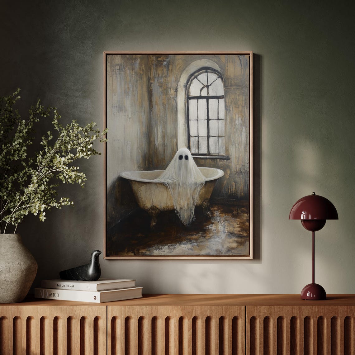 Vintage Ghost In Bathtub Rustic Halloween Whimsical Art Poster