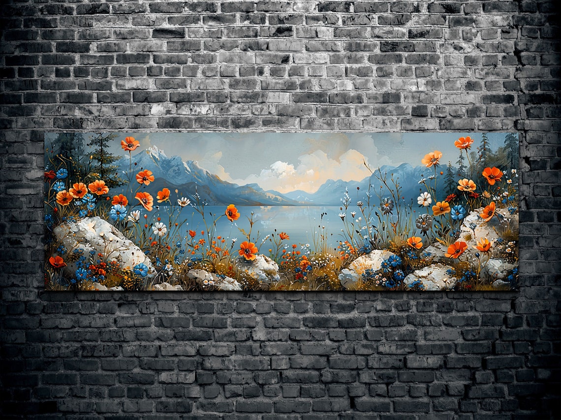 Orange Wildflowers by a Mountain Lake in a Painterly Style Poster - Image 2