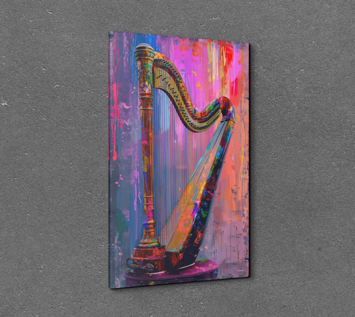 Pop Art Harp Golden Pink Modern Music Instrument Decor Wall Art - Image 3