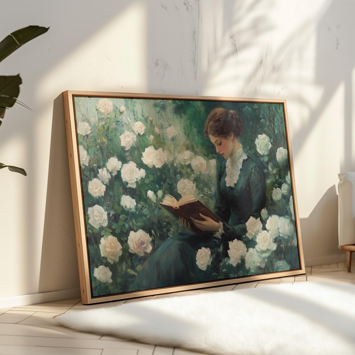Elegant Woman Reading Amid White Roses Vintage Garden Poster - Image 3