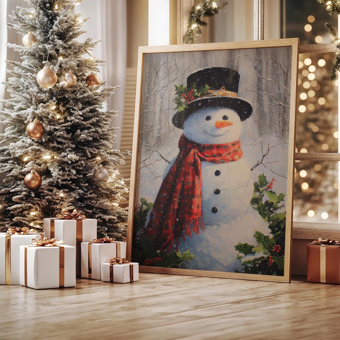 Cheerful Snowman With Red Scarf, Christmas Art Print