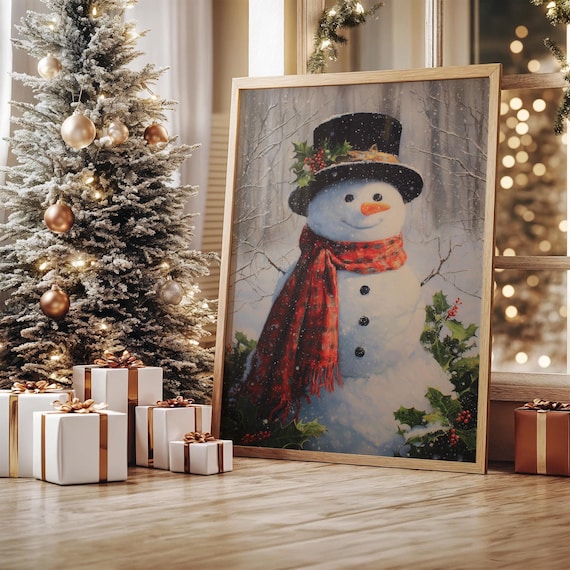 Cheerful Snowman With Red Scarf, Christmas Art Print