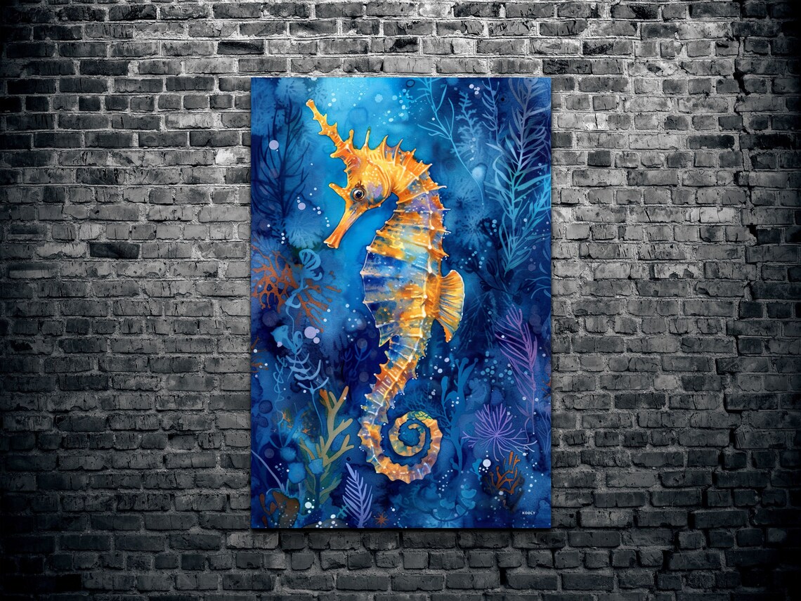 Golden Seahorse In Blue Coral Reef Underwater Ocean Art Poster - Image 2