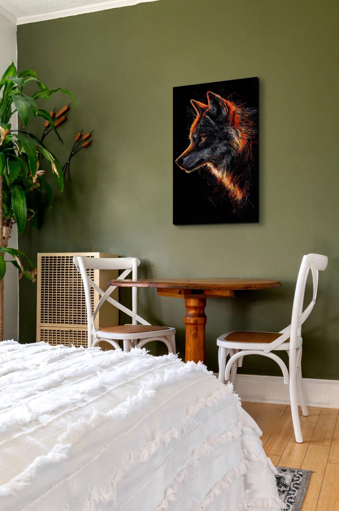 Fiery Orange Wolf Head Line Art on Dark Black Background Poster - Image 4