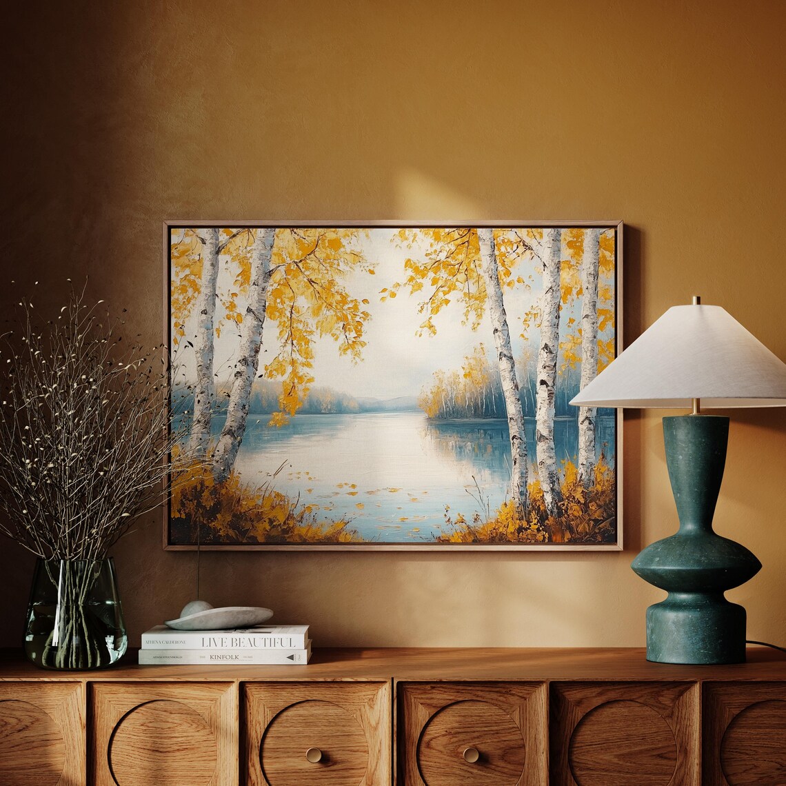 Golden Autumn Birch Trees By Calm Lake Scenic Nature Landscape Poster - Image 4