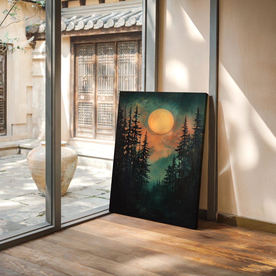 Golden Full Moon Over Misty Pine Forest Night Landscape Poster - Image 4