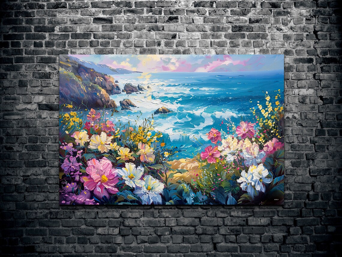 Ocean Waves Over Flowering Coast Pink Blossom Seascape Poster - Image 2