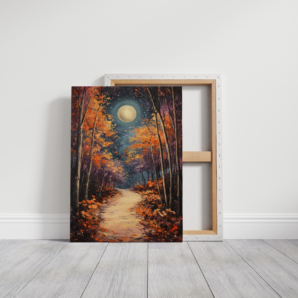 Autumn Forest Path With Full Moon, Rustic Nature Art - Image 3