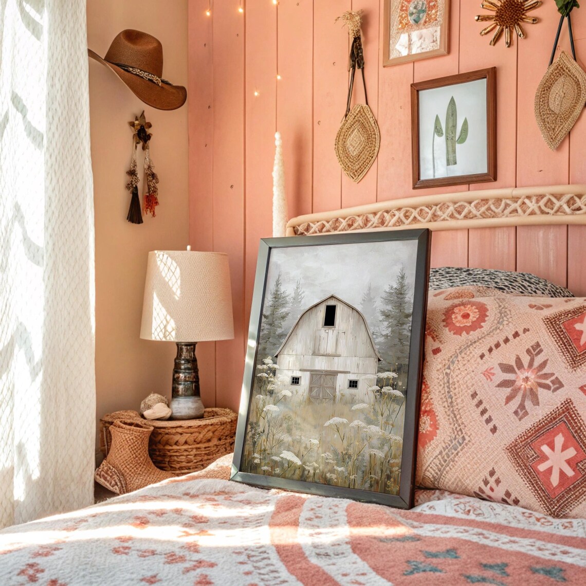 Weathered White Barn In Wildflower Meadow Rustic Farmhouse Poster